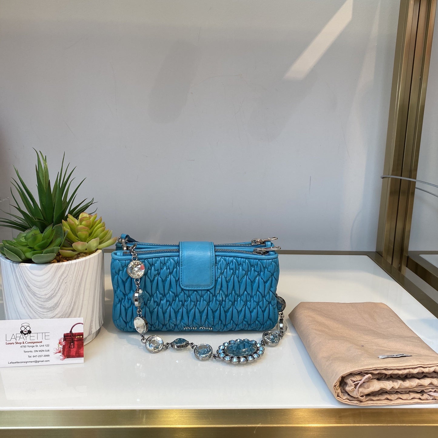 MIUMIU Clutch with Crystal Chain and blue leather #0030814 - Lafayette Consignment