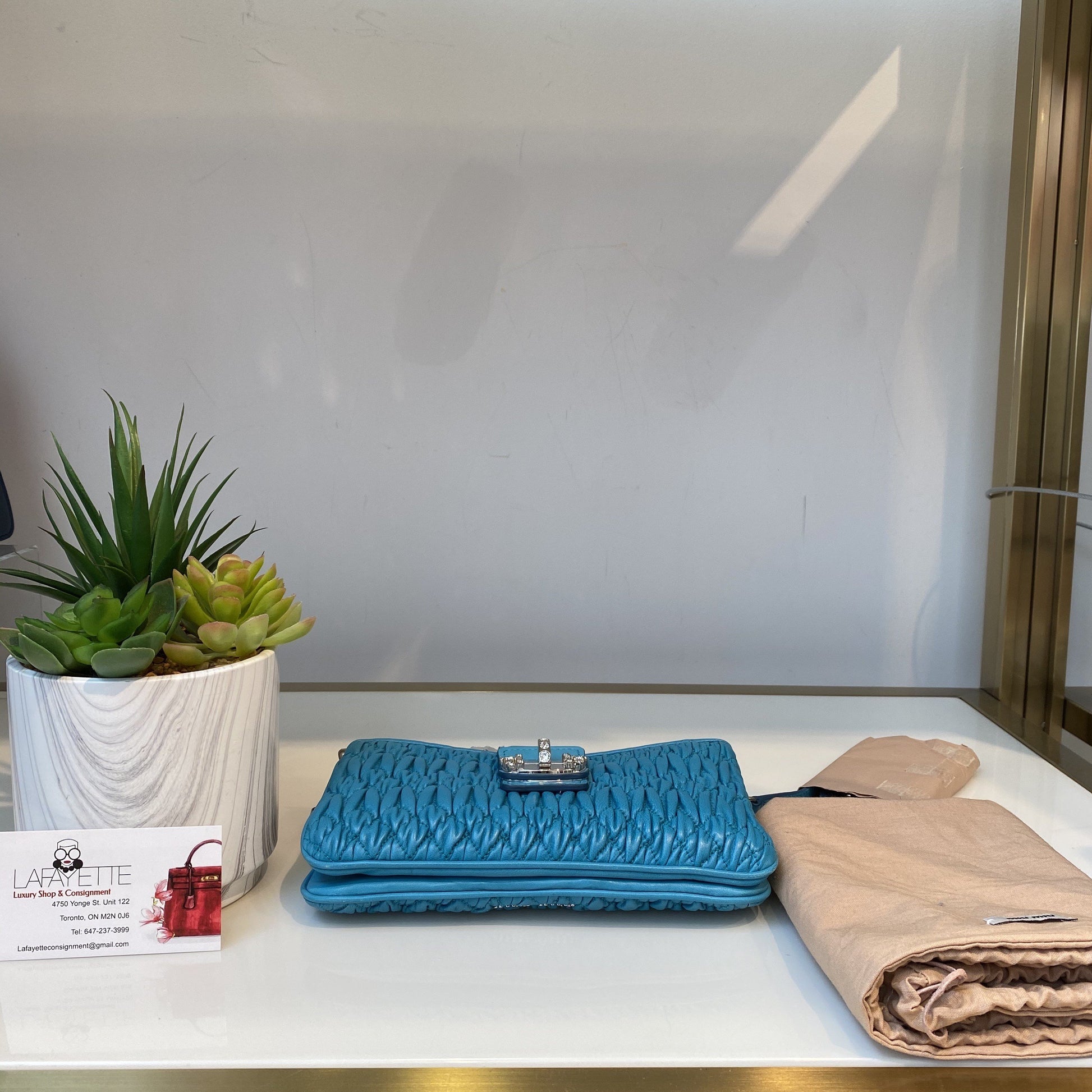 MIUMIU Clutch with Crystal Chain and blue leather #0030814 - Lafayette Consignment