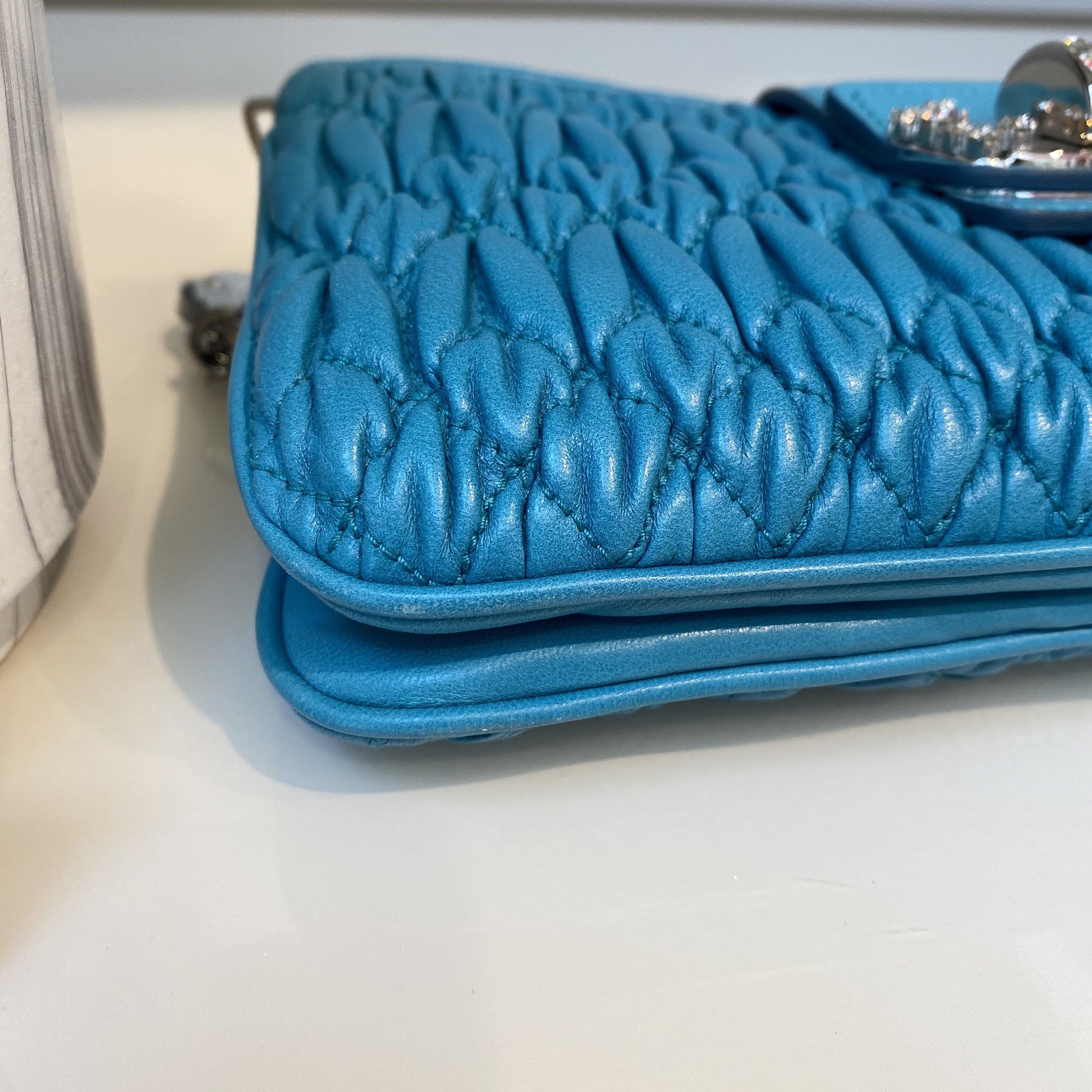 MIUMIU Clutch with Crystal Chain and blue leather #0030814 - Lafayette Consignment