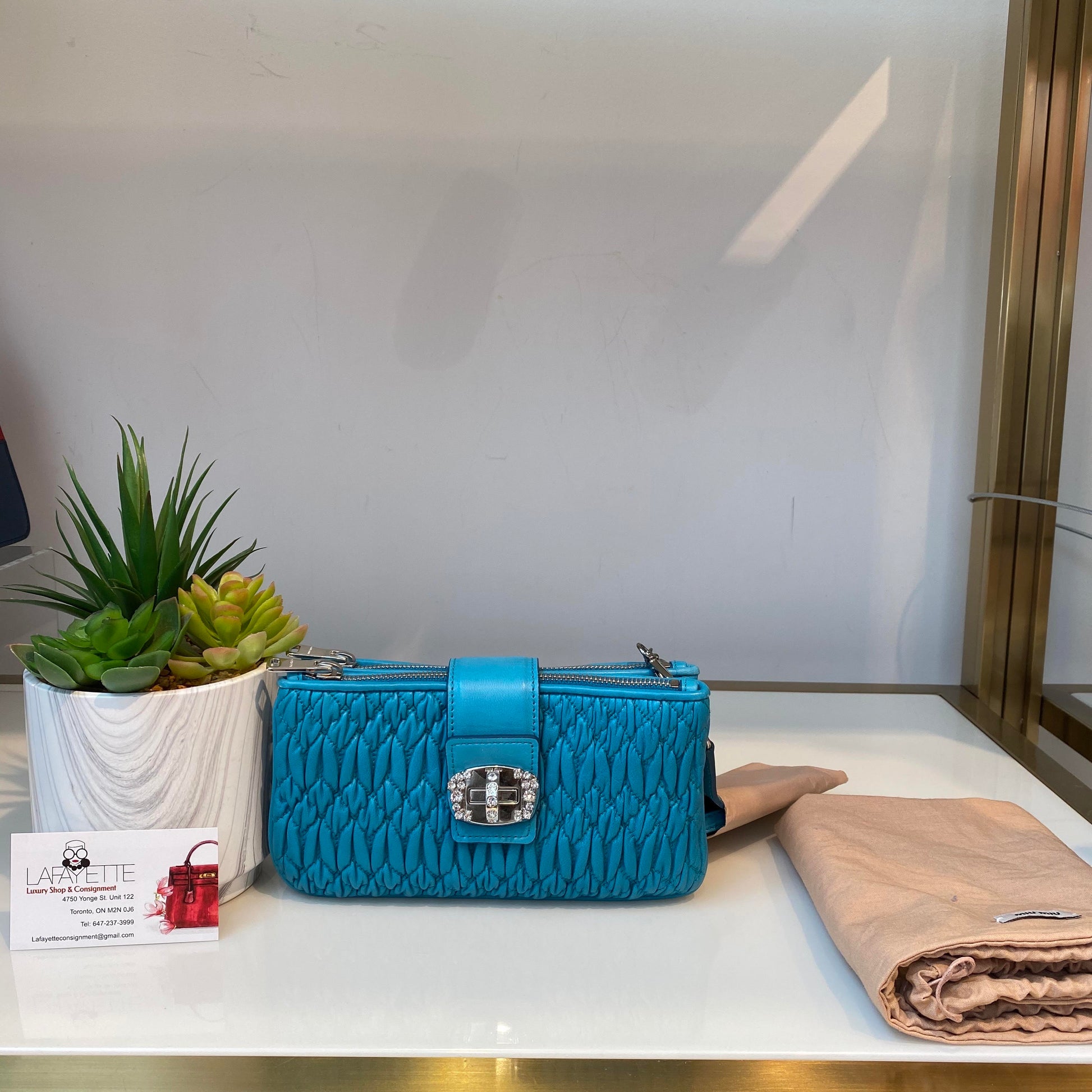 MIUMIU Clutch with Crystal Chain and blue leather #0030814 - Lafayette Consignment